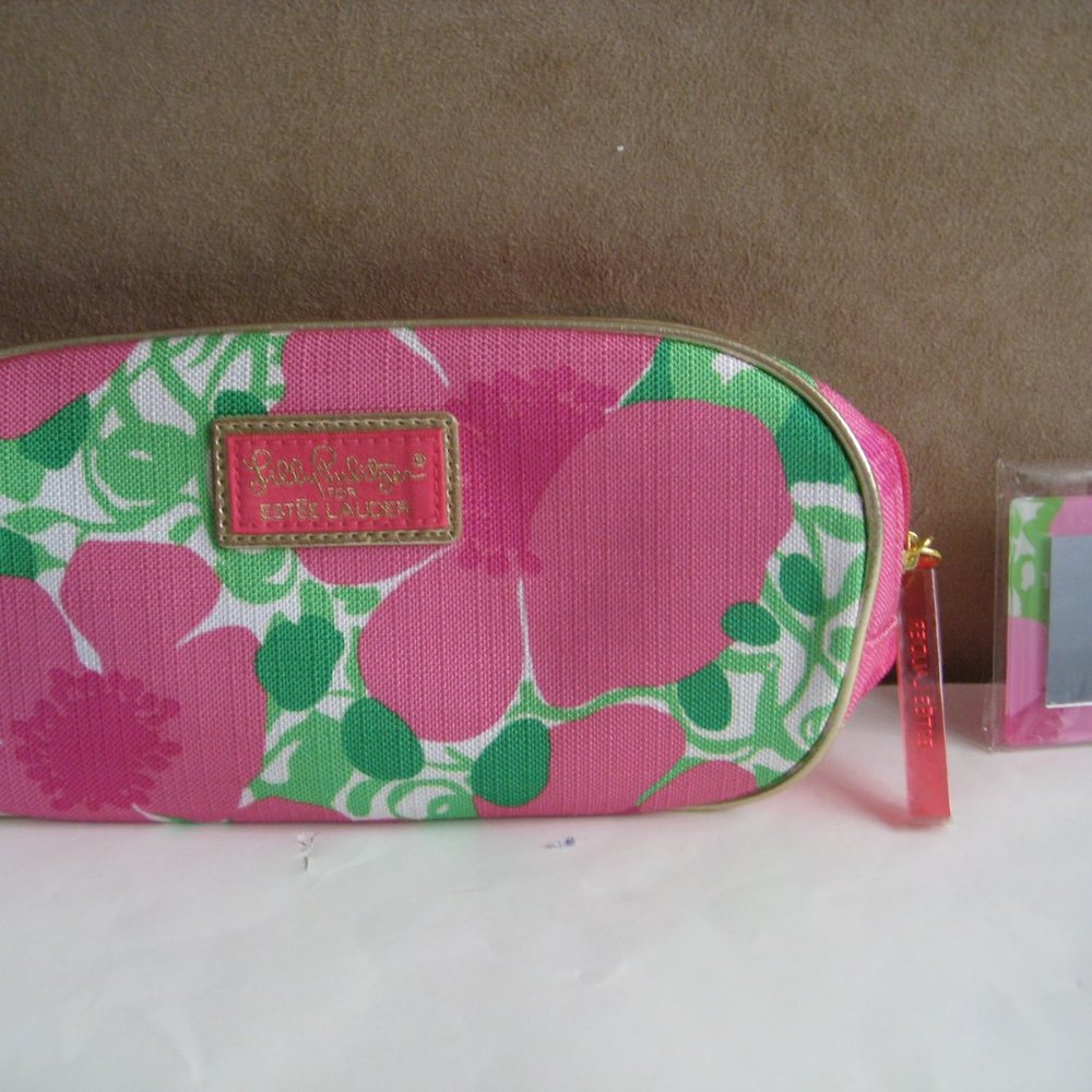 Lilly Pulitzer Estee Lauder Pink/Green Floral Cosmetic Makeup Bag with Mirror